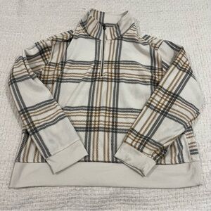 Natural Reflections Fleece Quarter Zip Plaid Pullover Cream Brown Gray XL